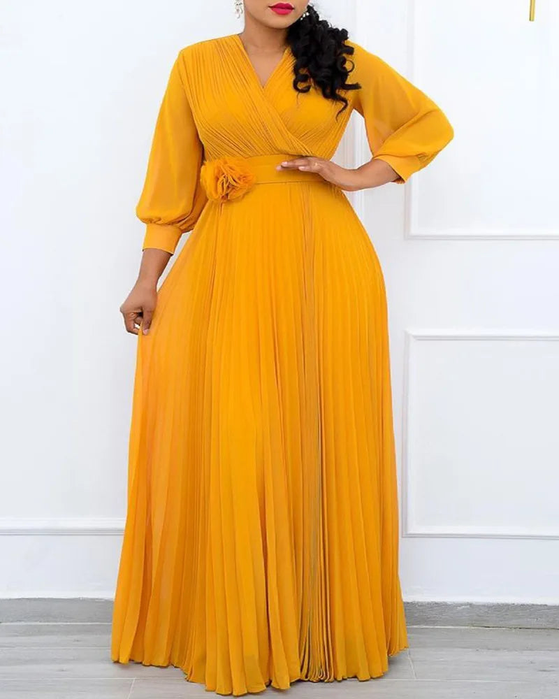 Amay Women Plus Size Lantern Long Sleeve Long Dress Fashion Elegant Solid Color V Neck Belt High Waist Ruched Evening Birthday Party