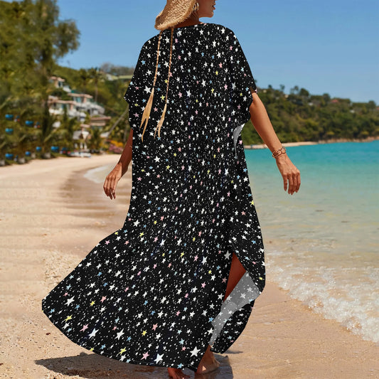 Maxy Starry Night Print Kaftan Maxy Dress V-Neck Loose Fit S-3XL – Fun Holiday Party or New Year’s Eve Celebration Look