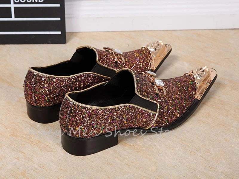 Visco Genuine Leather Rhinestone Sequin Men's Loafers Slip On Metal Pointed Bling British Dress Shoes Trendy Versatile Wedding Shoes