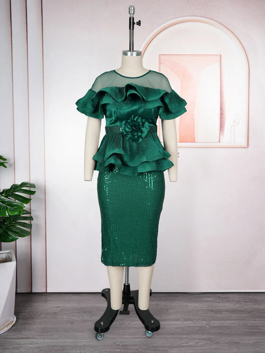 Elegant African Dresses for Women 2026 New Fashion Ruffle Wedding Party Long Dress Plus Size Turkey Sequin Evening Gown