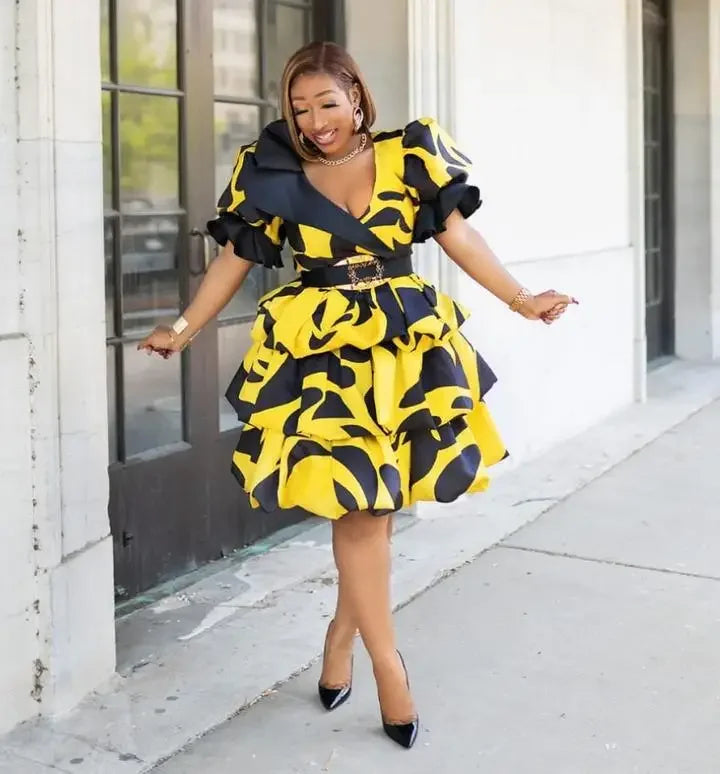 Maxy Polyester Printing Women Short Sleeve Plus Size V-neck Dress African Dresses for Women African Clothes Women S-5XL