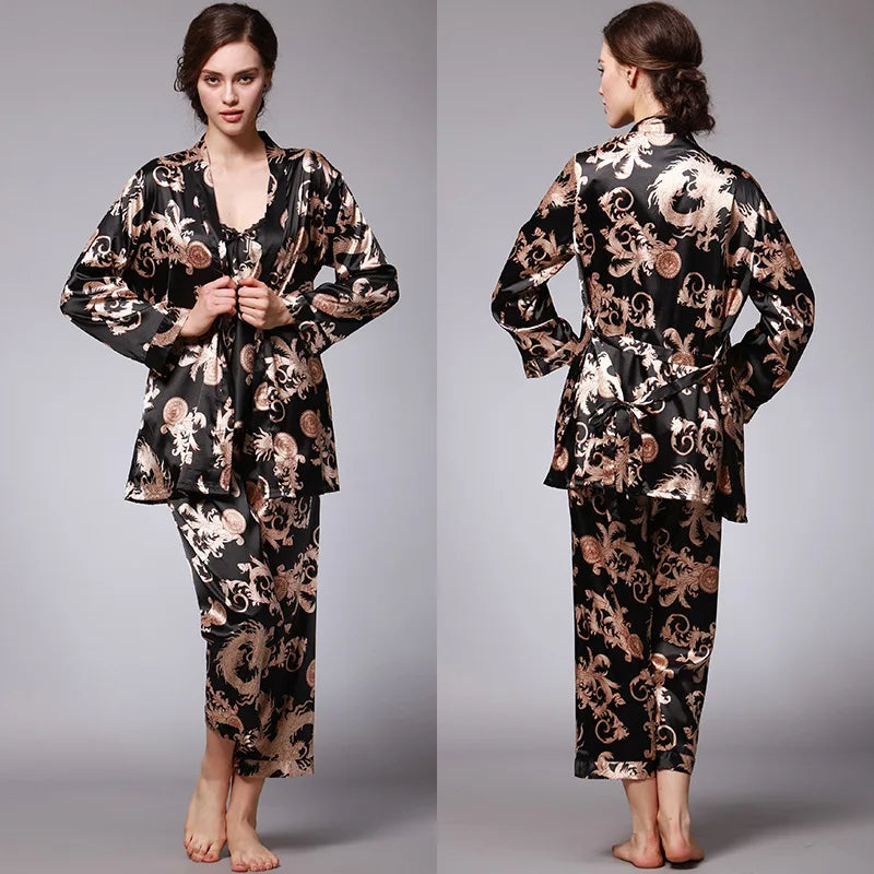 Amay Women's Silk Satin Pajamas Set 3 Pcs Floral Silky Pj Sets Sleepwear Cami Nightwear with Robe and Pant