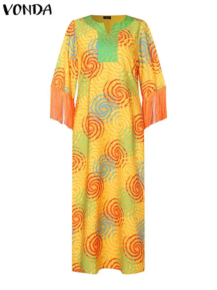 Amay Plus Size 5XL VONDA Women Bohemian Maxy Dress Fashion Printed 3/4 Sleeve Sundress Casual V-Neck Loose Vintage dress