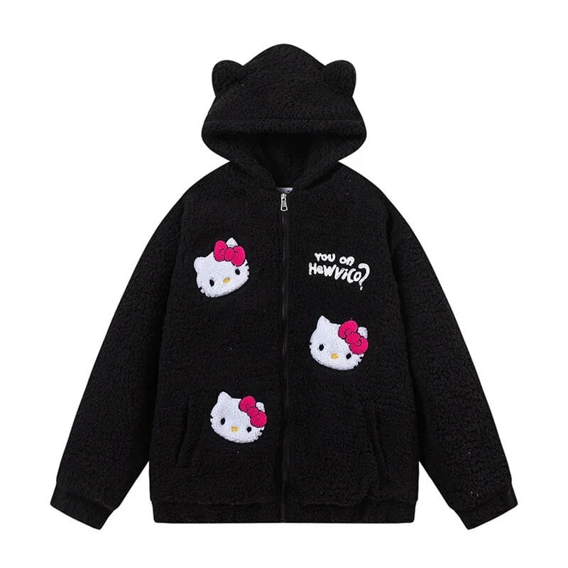 Maxy Hello Kitty Zip Hoodie Girl Loose Cardigan Coat Streetwear Women Clothes Oversized Sweatshirt Cardigan Plush Jacket Sweater