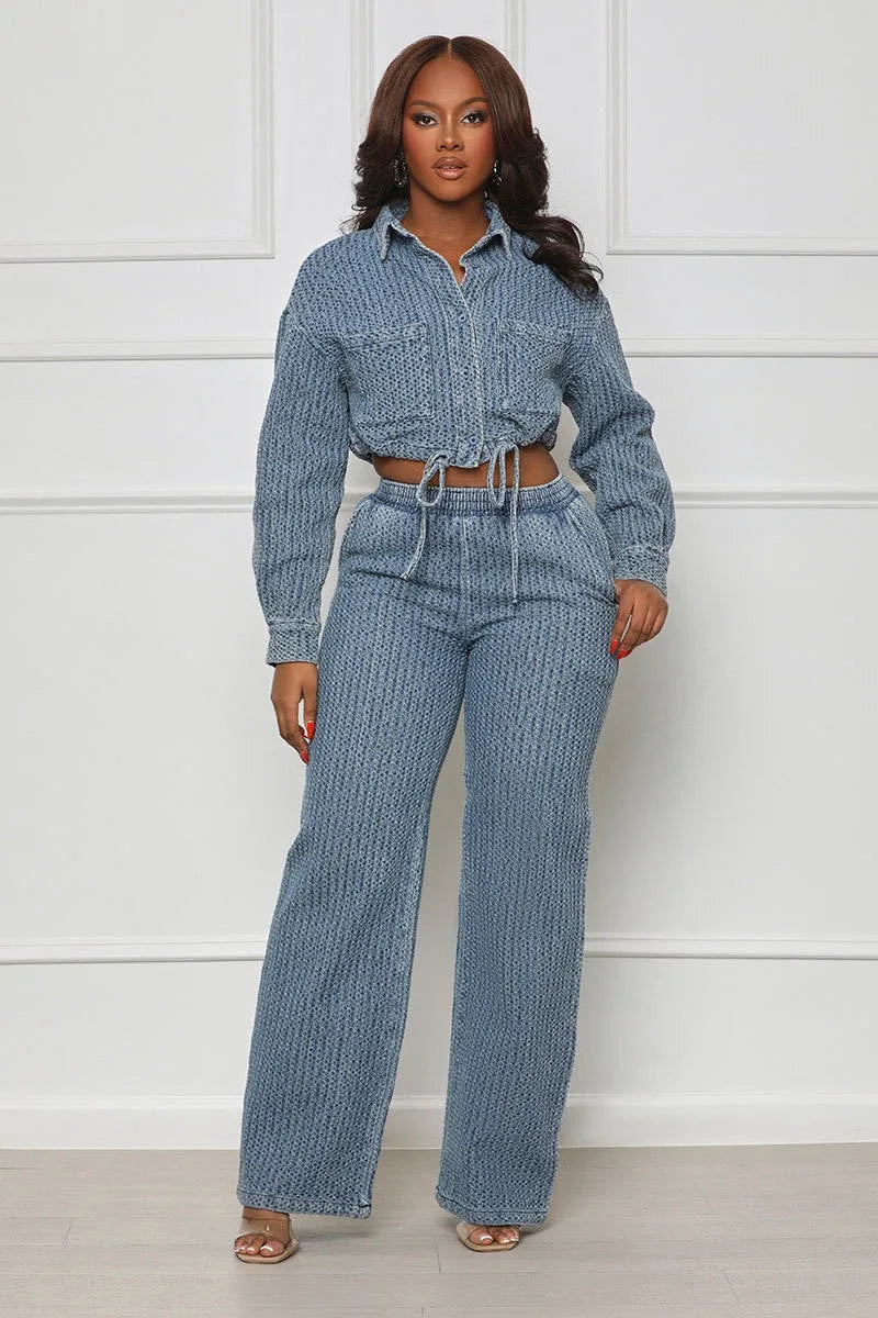 Women Fashion Denim Two Piece Set Turn Down Collar Long Sleeve Buttons Drawstring Jackets Crop Top Wide Leg Pants Jeans Suits