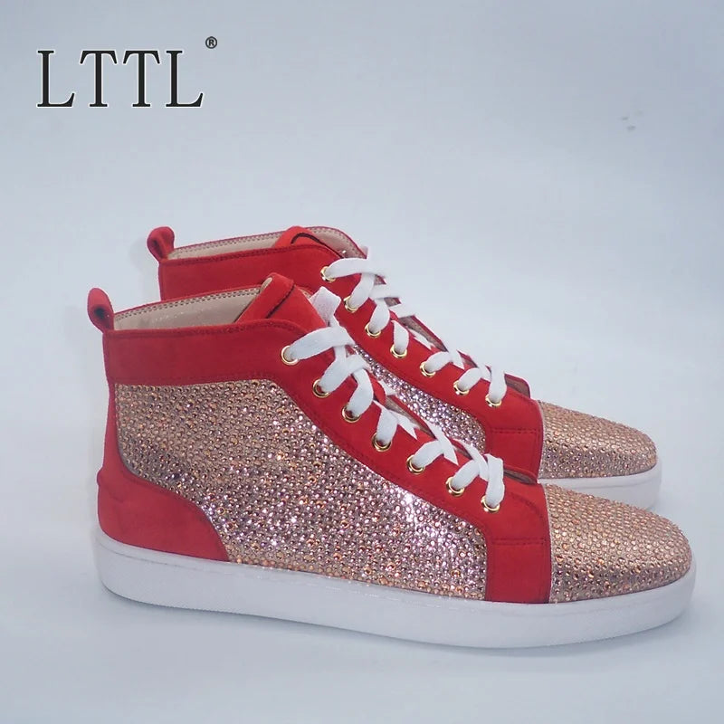 Visco Luxury Brand Red Men's Suede Shoes Fashion Bling High Top Rhinestone Sneakers Lace-up Crystal Men's Flats Casual Sneaker
