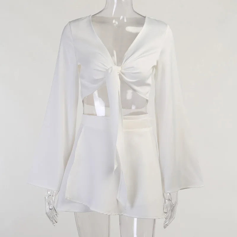 Maxy Sexy Y2k Two Piece Set Women Autumn White Lantern Long Sleeve Crop Cardigan Tops Elegant  Suits Lace Up Wrap Sexy Mini Skirts