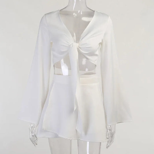 Maxy Sexy Y2k Two Piece Set Women Autumn White Lantern Long Sleeve Crop Cardigan Tops Elegant  Suits Lace Up Wrap Sexy Mini Skirts