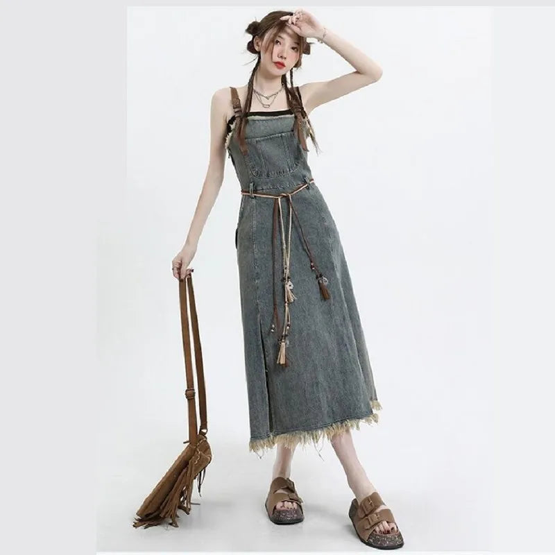 2026 Spring New Vintage Denim Skirt Matching Set Women's Elegant Loose Hollow Knitted Shirt+Sexy Split Dress Two Piece Suit