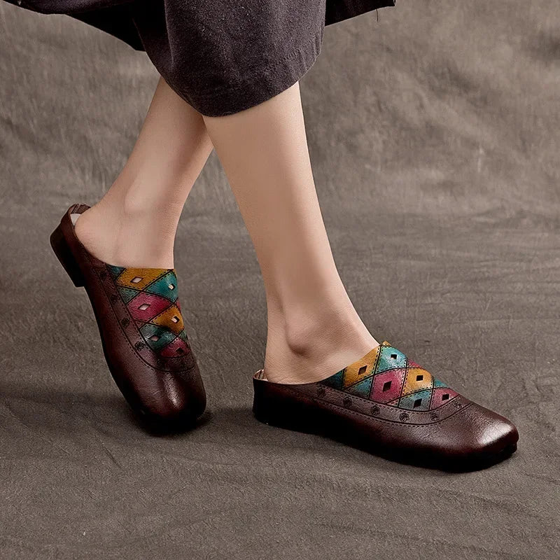 Maxy 2cm Cow Sandals Hollow Genuine Leather Comfy Flats Artistic Round Toe Slippers Women Shoes Summer Beach Loafer Leisure