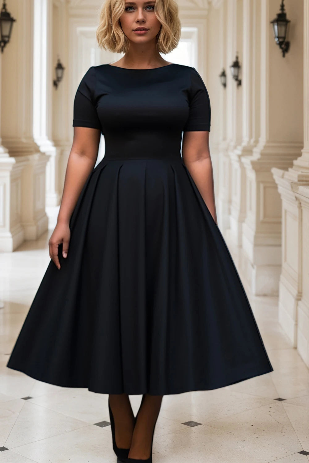 Maxy Women Plus Size Black Dress Short Sleeve Summer Casual Pleated A-Line Basic Long Dress Round Neck Fashion Evening Party Dresses