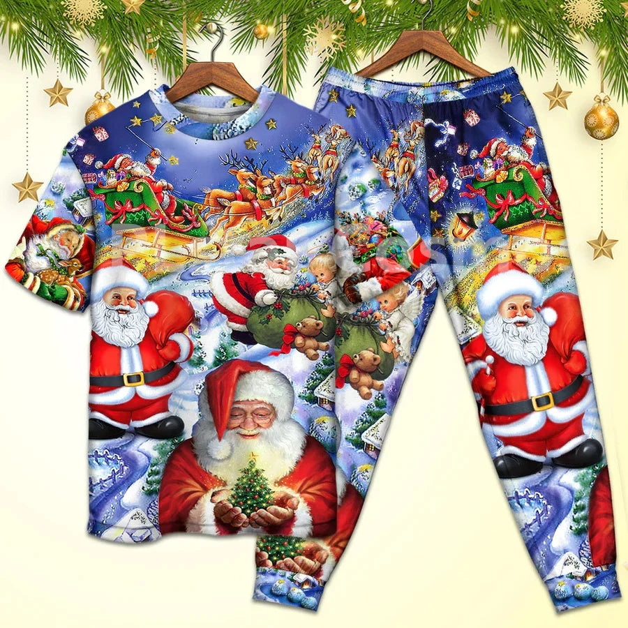 Christmas Funny Santa Claus Up On Rooftop Art Style - Pajamas Short Sleeve 3D All Over Printed Kids Pajamas Cosplay Clothes