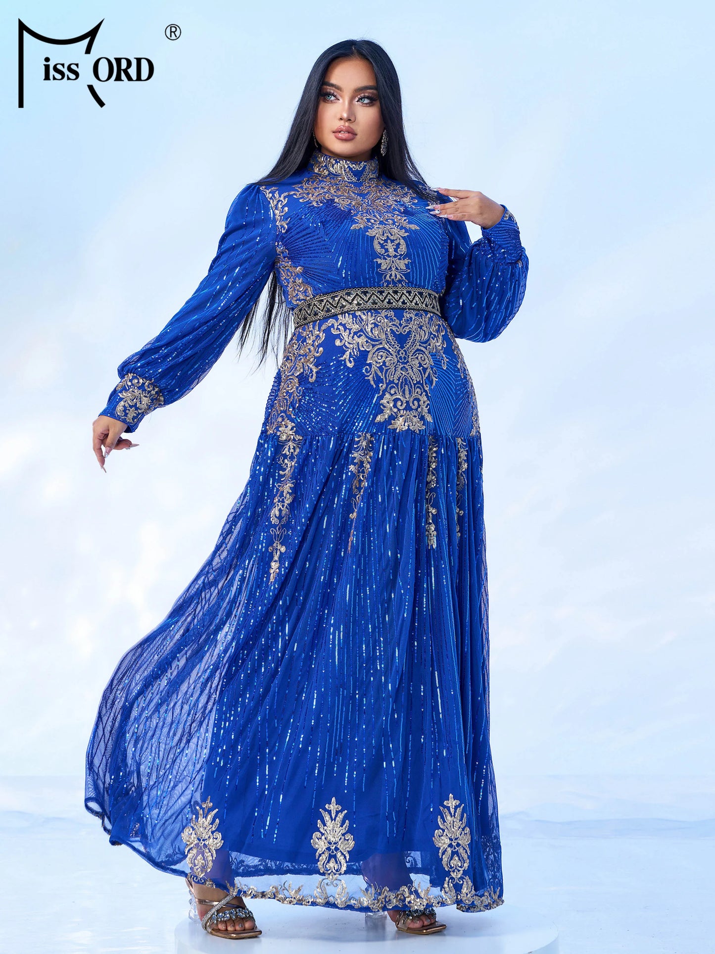 Momsey New Blue Plus Size Muslim Round Neck Long Sleeved A Line Gown Evening Women Wedding Birthday Party Large Maxy Dress