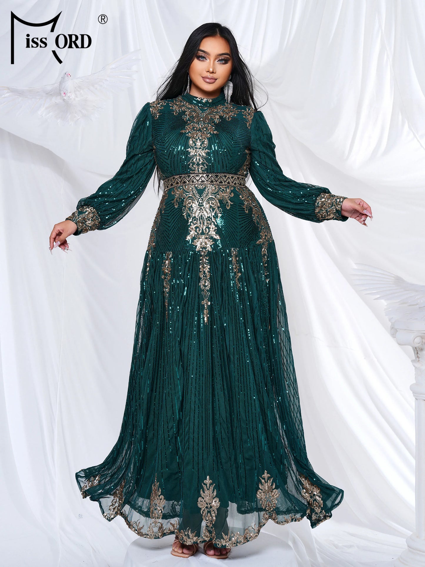 Momsey New Blue Plus Size Muslim Round Neck Long Sleeved A Line Gown Evening Women Wedding Birthday Party Large Maxy Dress