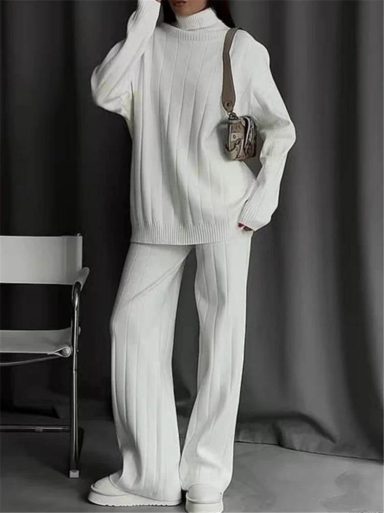 Maxy REALEFT Autumn Winter 2 Pieces Women's Sets Knitted Tracksuit Turtleneck Sweater and Straight Jogging Pant Suits Outfits