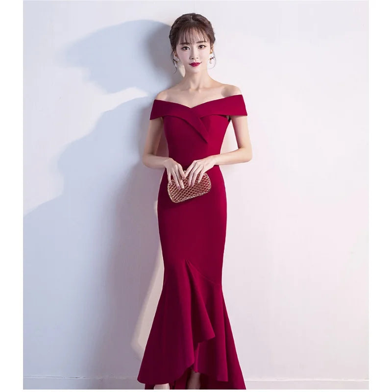 Maxy Evening Dresses Burgundy Sequins Stretchy Off the Shoulder Zipper Back Mermaid Trumpet Floor Knee Women Party Formal Gowns YE288