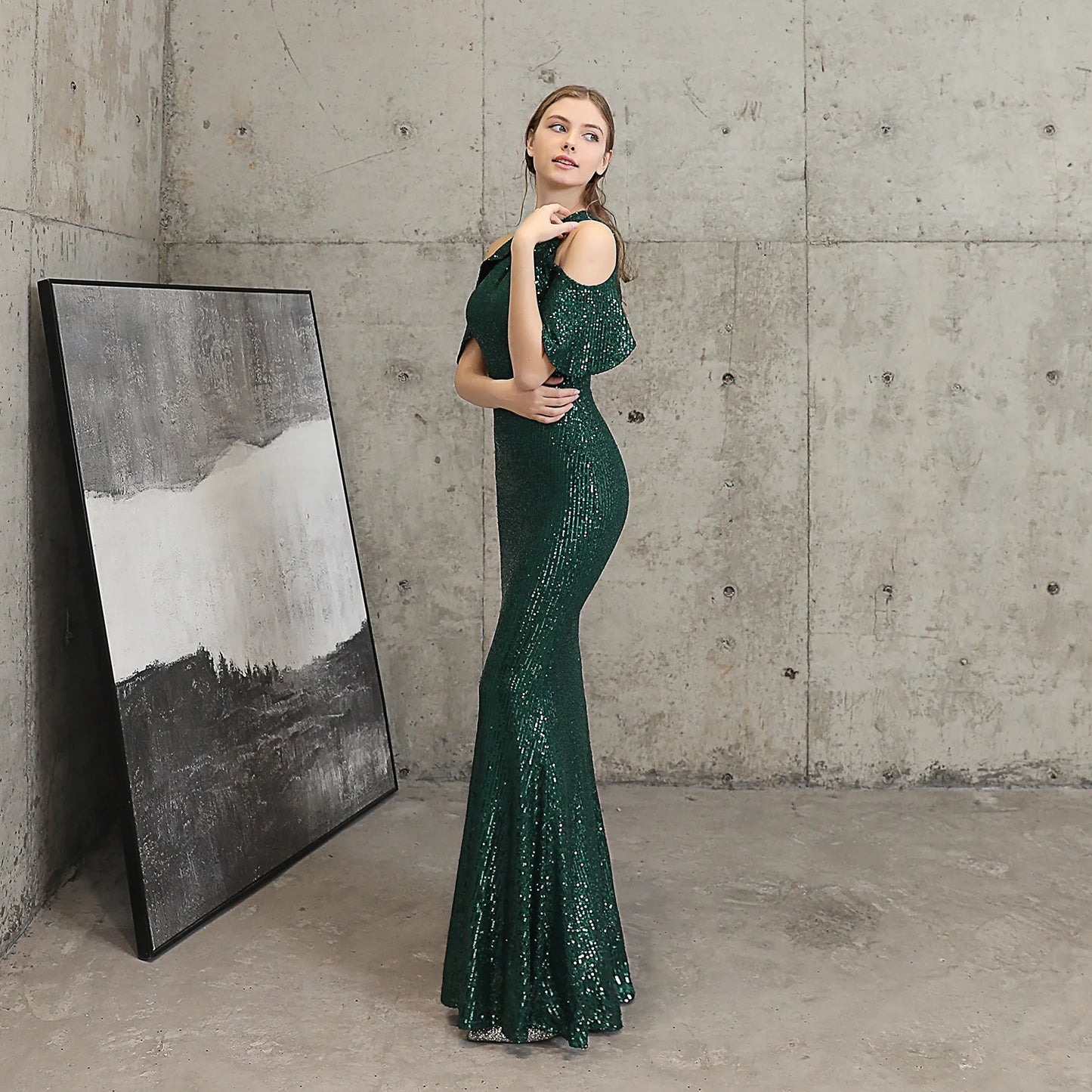 Maxy Evening Dresses Green Sequins Stretchy Halter Collar Zipper Back Mermaid Trumpet Floor Length Women Party Formal Gowns YE033