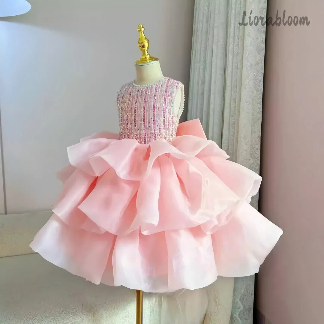 Pink Rhinestone Embellished Flower Girl Dress Short Puffy Formal Party Ball Gown for Little Girls