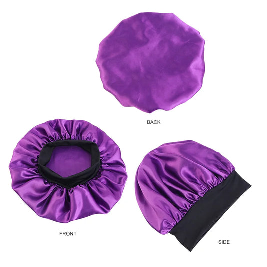 Maxy Women's Satin Solid Bonnets Wide-brimmed Night Sleeping Bathing Hat Unisex Head Wrap Elastic Band Cap Hair Care Bonnet