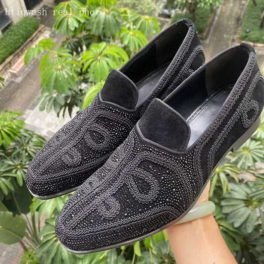 Visco Red Embroidery Rhinestone Shoes Man Pointed Toe Flower Slip On Flats Male Fashion Party Shoes