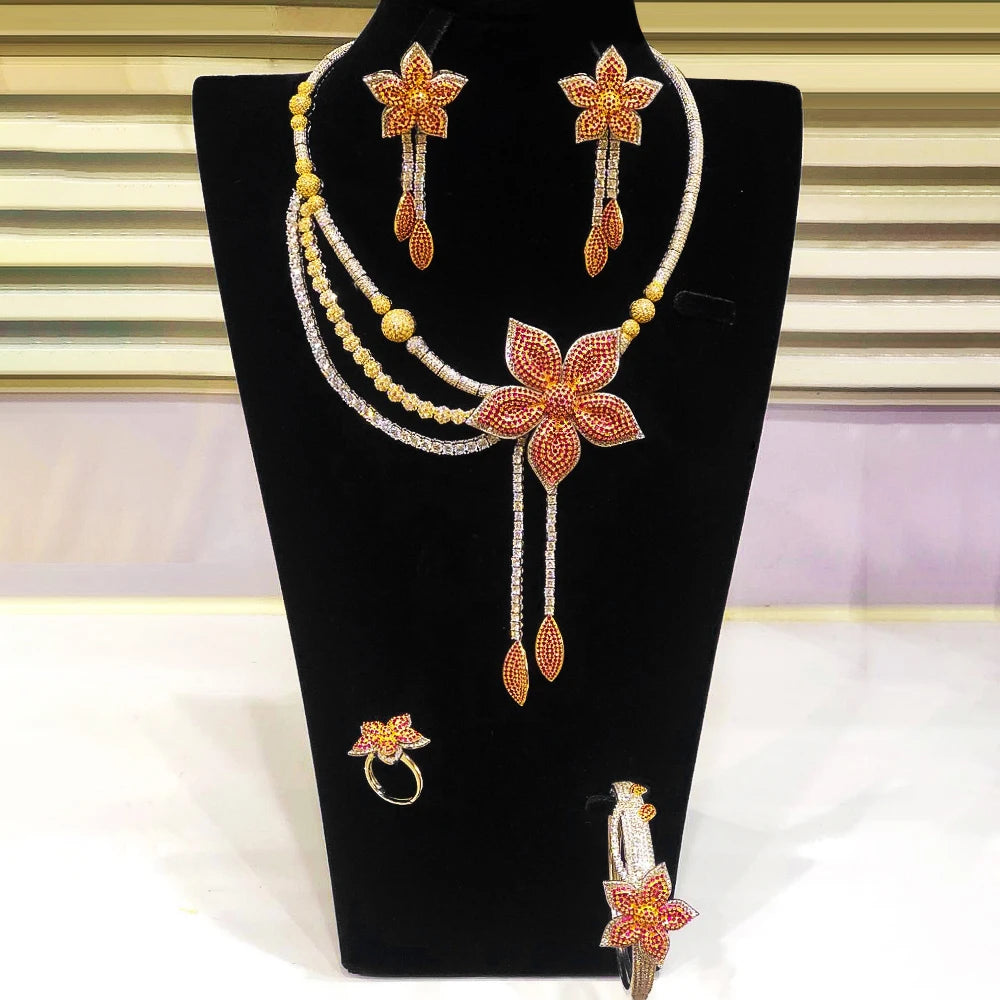 Amay Flower Tassel 4Pc African Jewelry Set for Women Wedding Luxury Indian Dubai Jewelry Set Cubic Zirconia Bridal Jewelry Sets