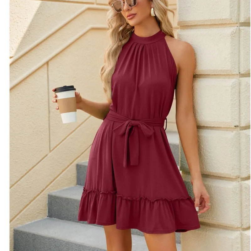 Amay Spring/Summer Fashion New Solid Color Round Neck Hanging Neck Strap Style Dress for Women