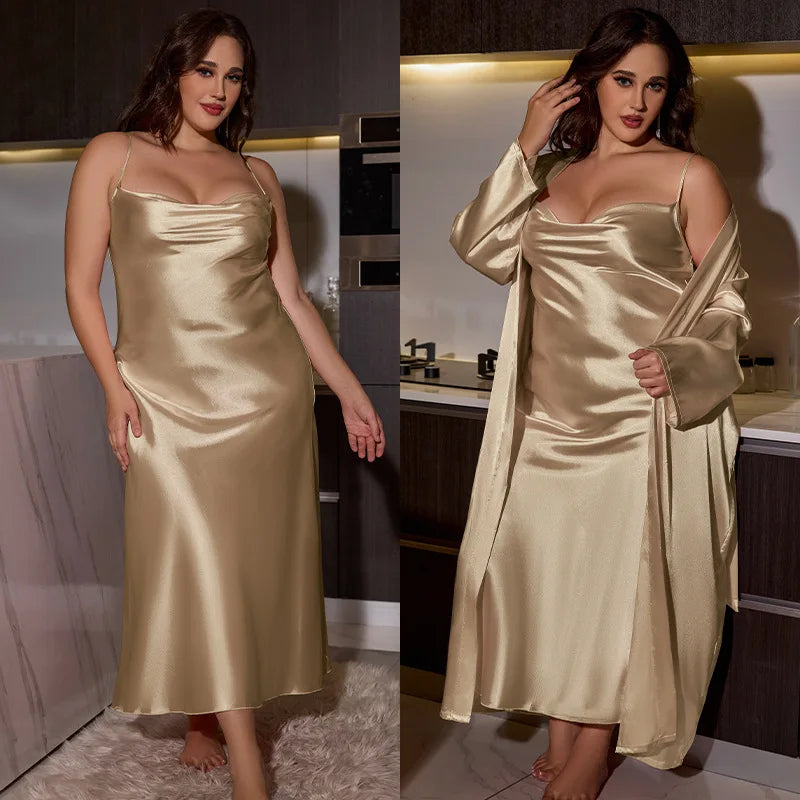 Maxy Big Size Women Nightwear Long Dress and Bathrobe Set for Ladies Pajamas Spring Summer Sexy Comfortable Home Wear Plus Size 2pcs