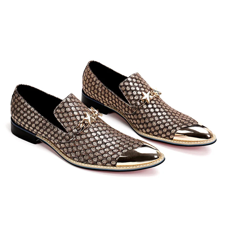 Visco Italian Fashion Men Shoes Genuine Leather Pointed Toe Dress Shoes Business Gold Wedding Formal Shoes Designer Sepatu Pria