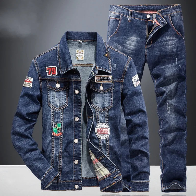 Maxy Motorcycle Bikers Denim Two Piece Set Fashion Jacket Jeans Mens Sets Streetwear Spring Long Sleeve Outerwear Pants Matching Sets