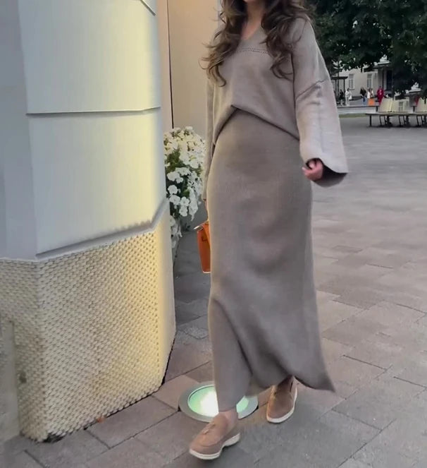 Elegant 2 Piece Set Matching Dresses for Women 2025 Spring Autumn Long Sleeve O Neck Sweatshirts+ Straight Knitted Skirt Set