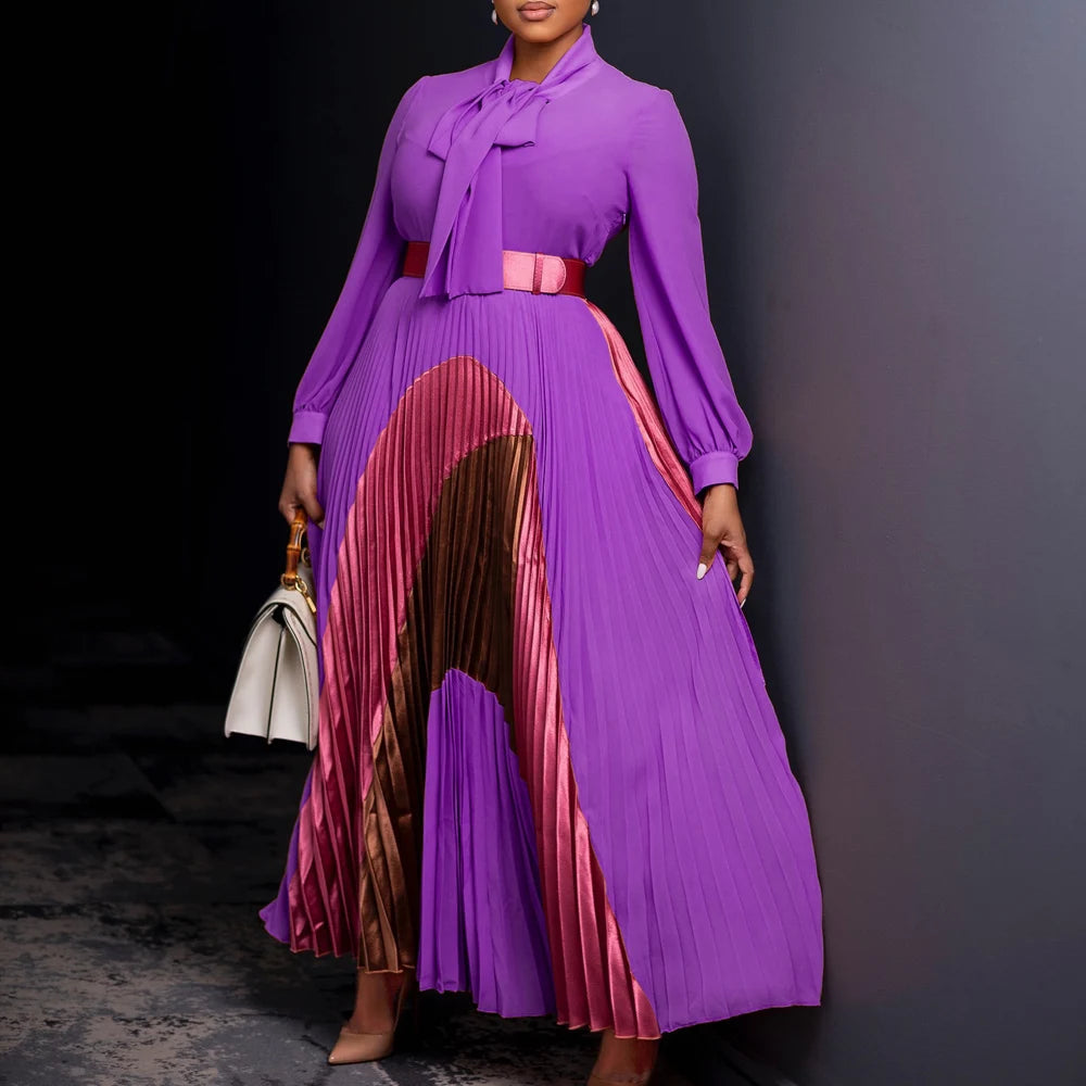Amay Clothes for Women Elegant Pleated Bow Collar Maxy Dress and Belt Africa Clothing Robe Femme Spring