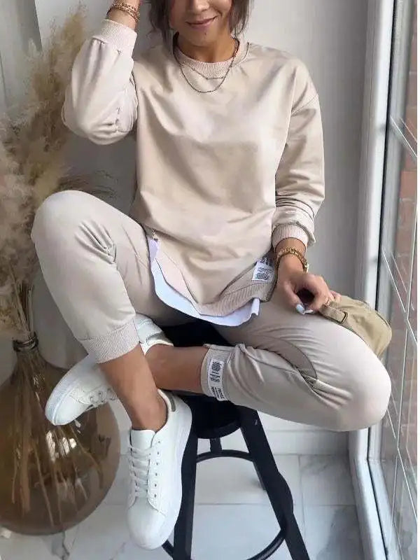 Maxy New Autumn Patchwork Loose TwoPiece Set Women's Fashion Long Sleeve Pullover Suit Casual Hoodie Sports Pencil Pants Outfits