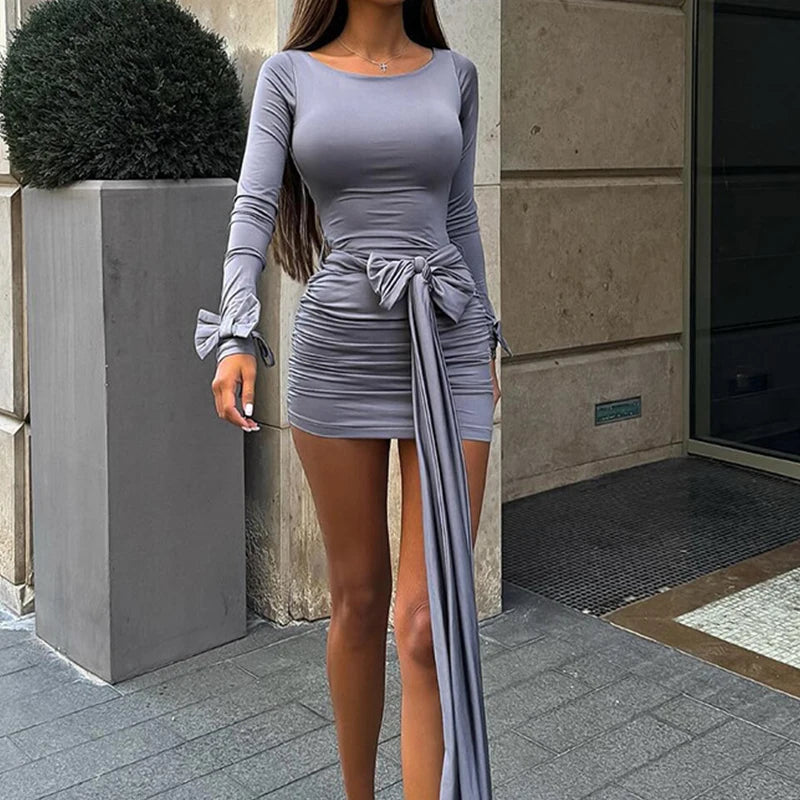 Babs Casual Bow Long Sleeve Short Dress Elegant O-neck Pleated Slim Bodycon Mini Dress Fashion High Waist Lace-up Solid Party Dresses