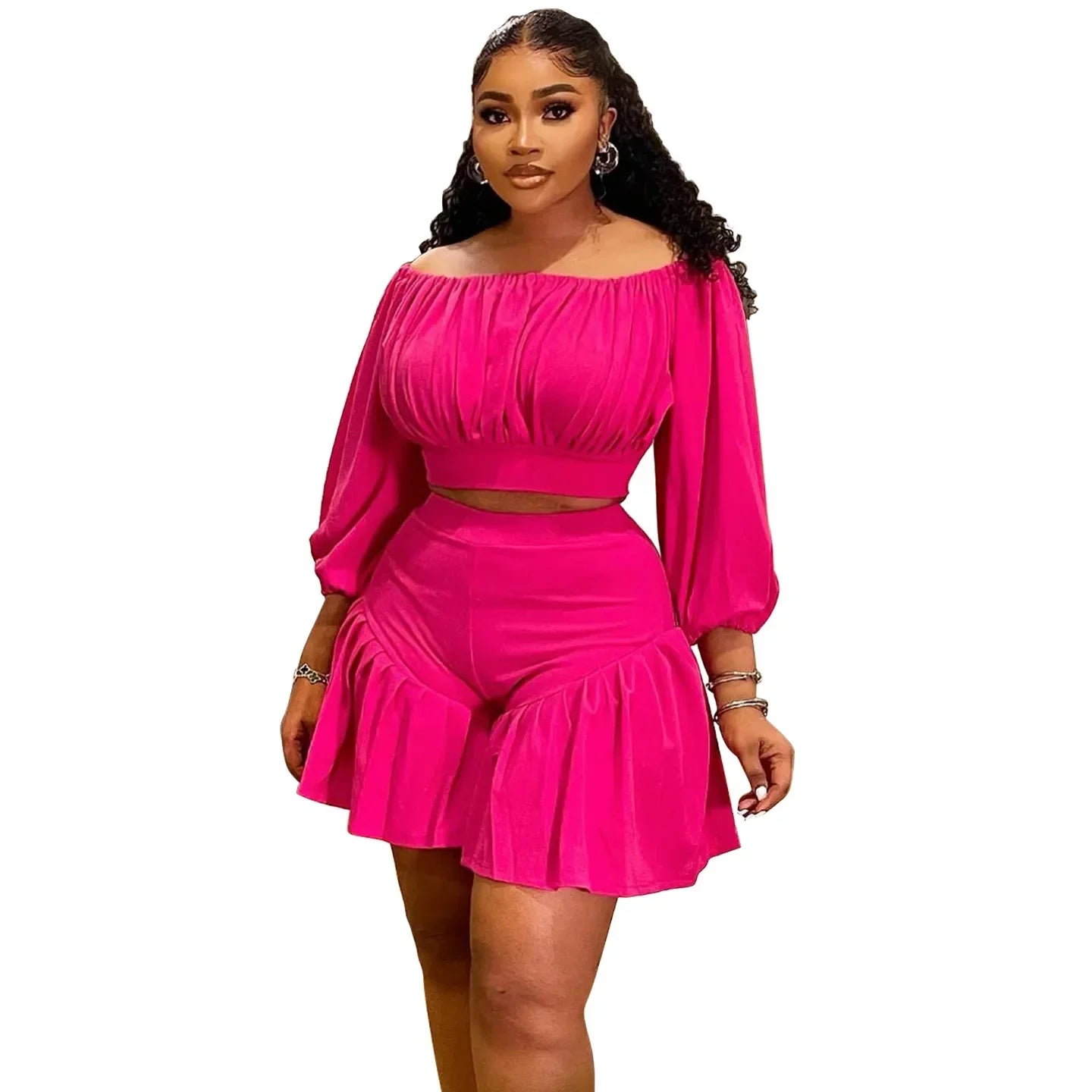 Maxy Customized Plus Size Women's Set Long Sleeve Slash Neck T-Shirt and Shorts 2025 Summer Ruched Two 2 Piece Set Outfits Tracksuit
