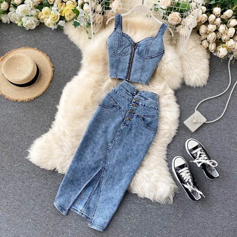 Maxy denim 2 piece set women Korean outfits summer top and skirt two piece set Sexy elegant 2024 fashion midi skirt new in matching