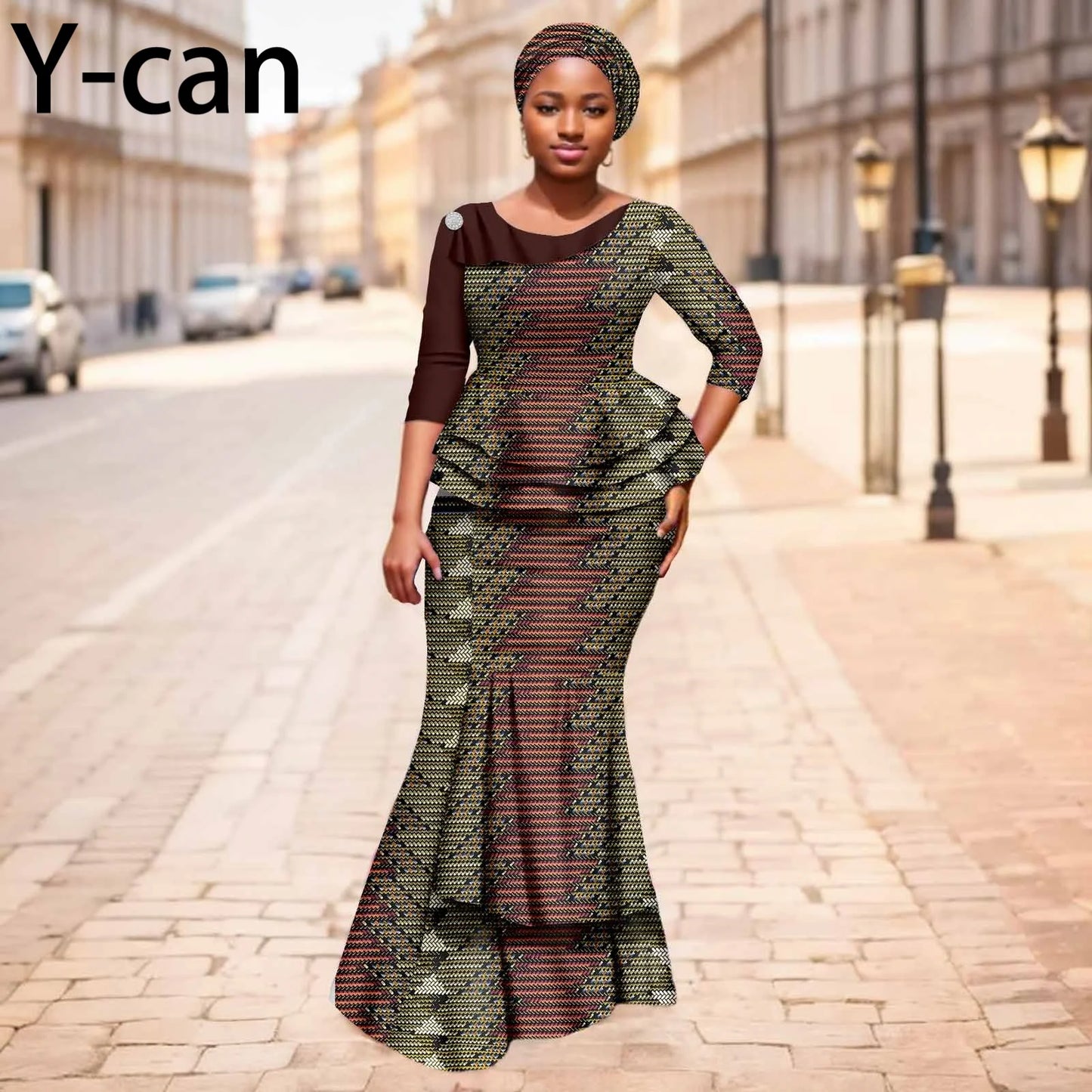 Maxy New African Dresses for Women Dashiki Print Patchwork Top and Mermaid Skirt Match Turban Traditional Wedding Party Dress 2526004