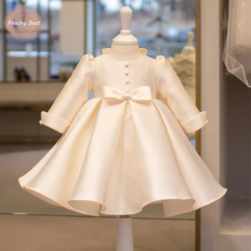 Maxy Newborn Girl Princess Bow Button Dress Long Sleeve Infant Toddler Child Vestido Wedding Party Birthday Baby Clothes 12M-10Y