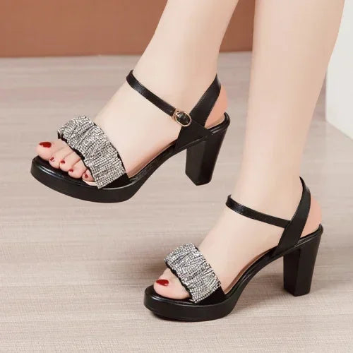 Maxy 8 10 13cm Small Size 32-43 Elegant Black Rhinestone Block High Heels Sandals Summer Platform Shoes Women for Office Model