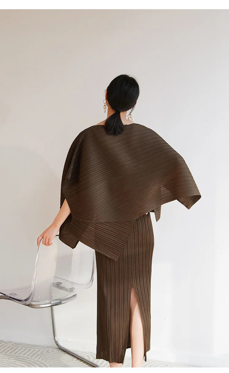 Amay Pleated cape suit summer new fashion suspender skirt+irregular lace-up shawl two-piece set [x244]