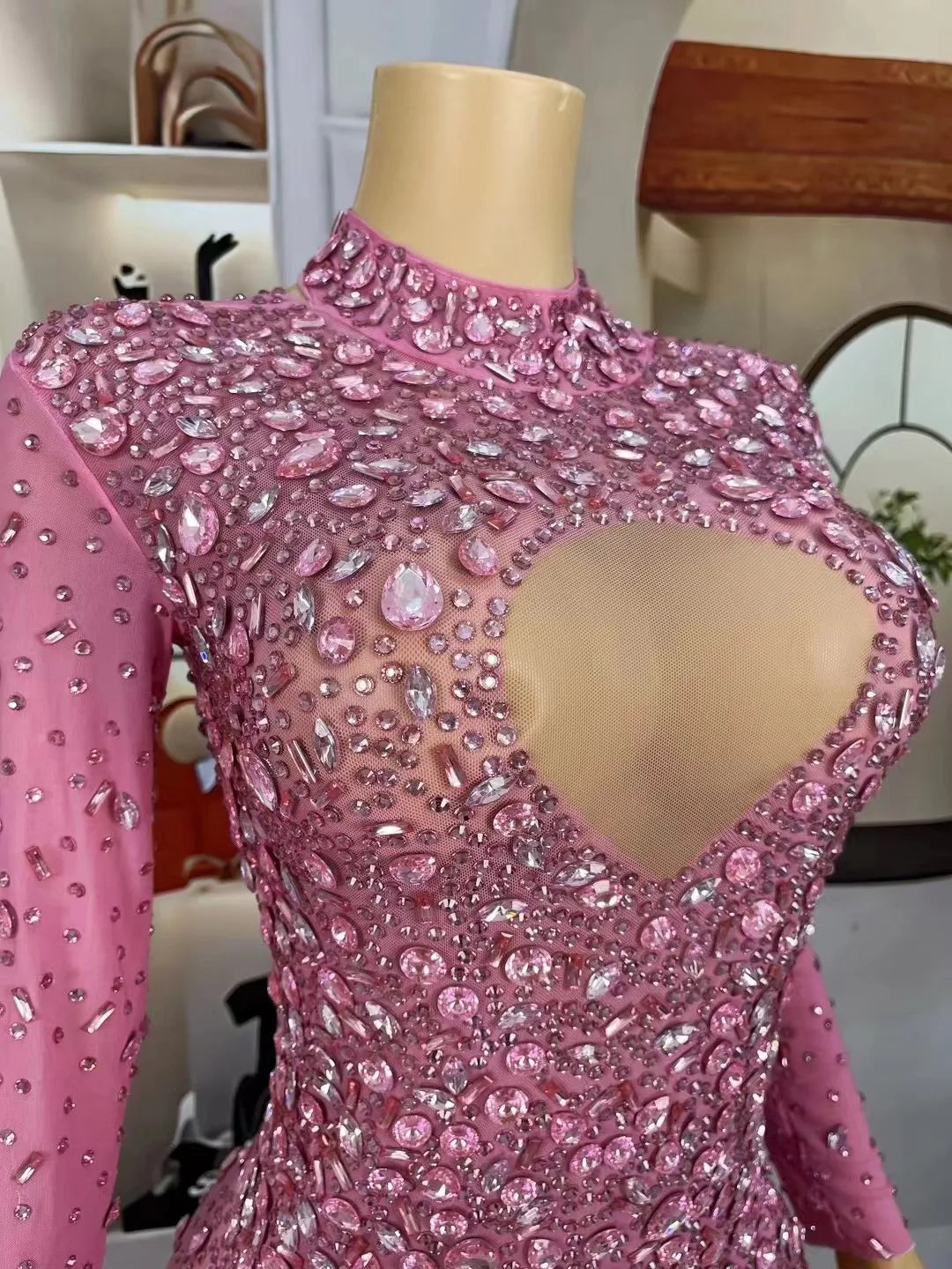 Maxy Lady Crystals Diamond Wedding Dress Long Sleeve Elegant Pink Party Show Dress Women Luxury Birthday Club Diamond Evening Dress