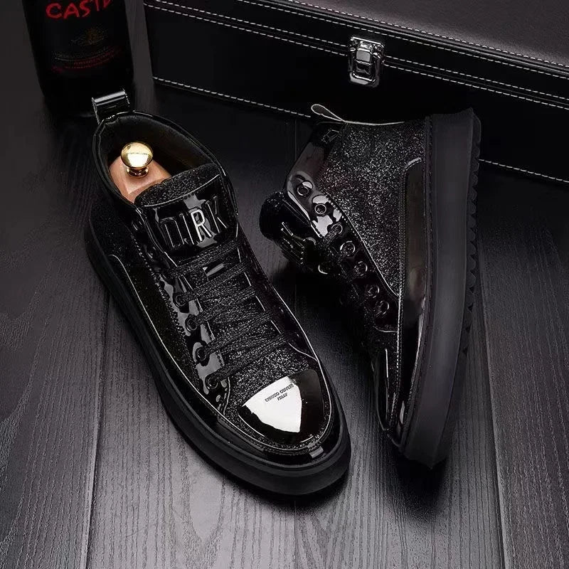 Amay Fashion Y2K boots for men shine leather metal decoration high top boot luxury shoes hairdresser Casual Male sneakers Botines