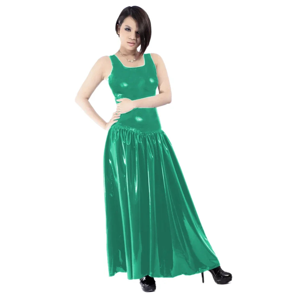 Maxy Women's PVC Tank Dress, Sleeveless Fit and Flared Dress, Raves Party Swing, Pleated Clubwear, Plus Size, Punk Fashion