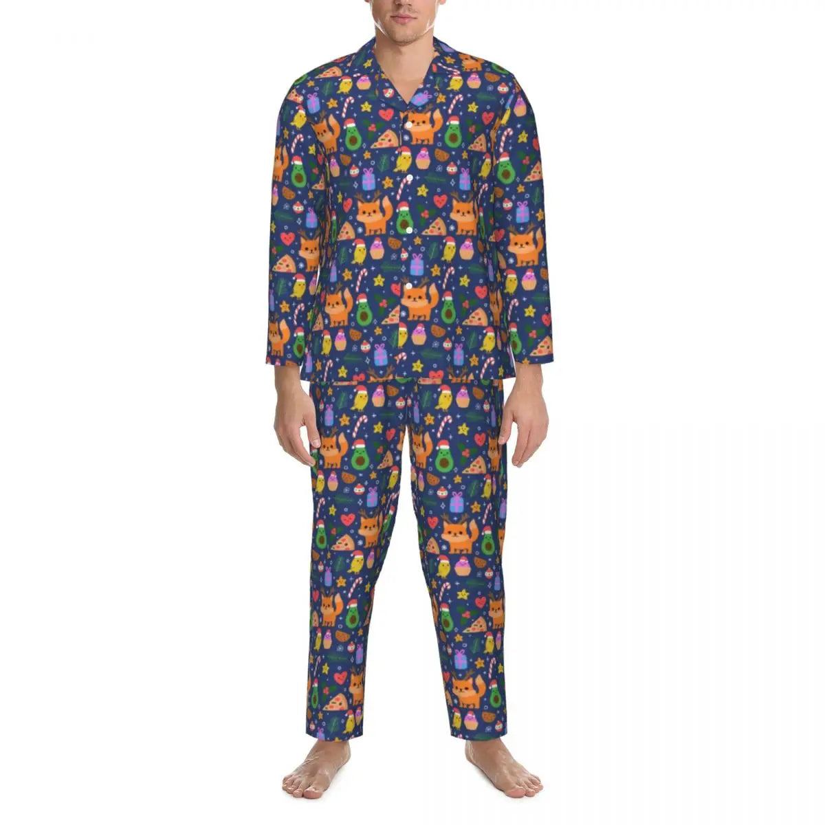 Maxy Cute Fox Print Pajama Sets Funny Christmas Kawaii Sleepwear Man Long Sleeve Loose Leisure 2 Pieces Nightwear Big Size XL 2XL