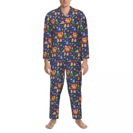 Maxy Cute Fox Print Pajama Sets Funny Christmas Kawaii Sleepwear Man Long Sleeve Loose Leisure 2 Pieces Nightwear Big Size XL 2XL