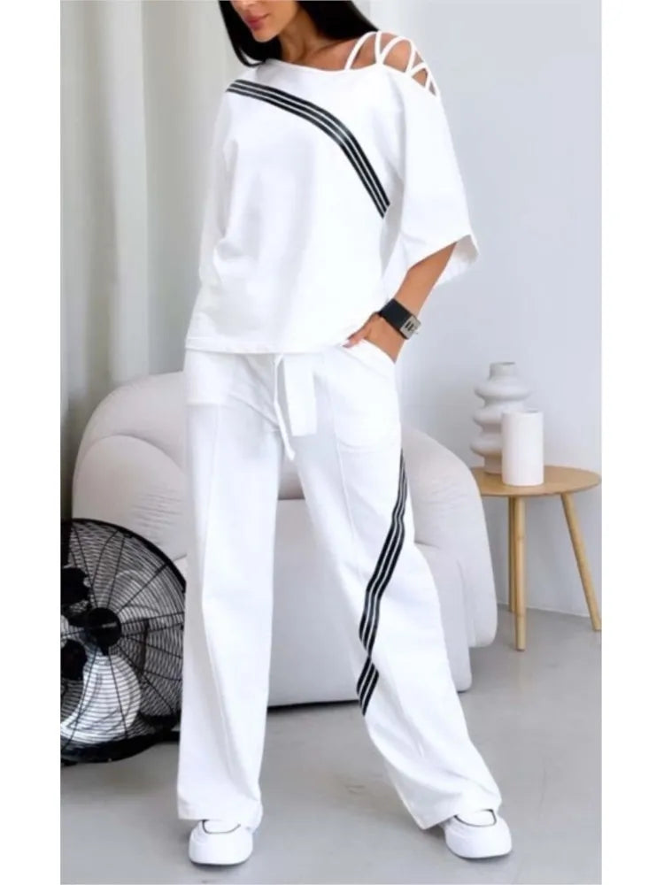 Maxy Spring Summer Women Fashion Two Pieces Sets New Off-the-shoulder Loose Short Sleeve Top And Pants Suits Outfits Clothing