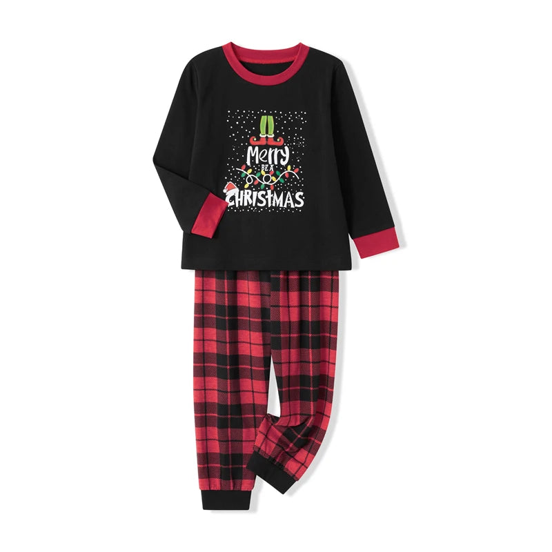 Maxy Christmas Family Pajamas Matching Set, Long Sleeve Letters Print T-shirt with Plaid Pants Sleepwear Loungewear