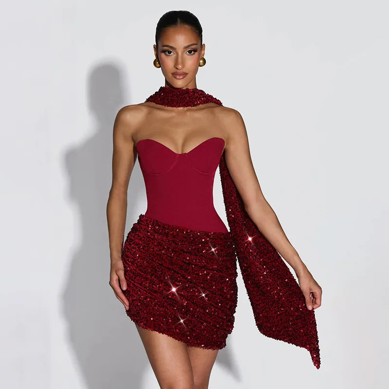Maxy Sexy Bandeau Sequined Mini Bodycon Dress Backless Off Shoulder Evening Dress with Scarf Party Gown Women Dress