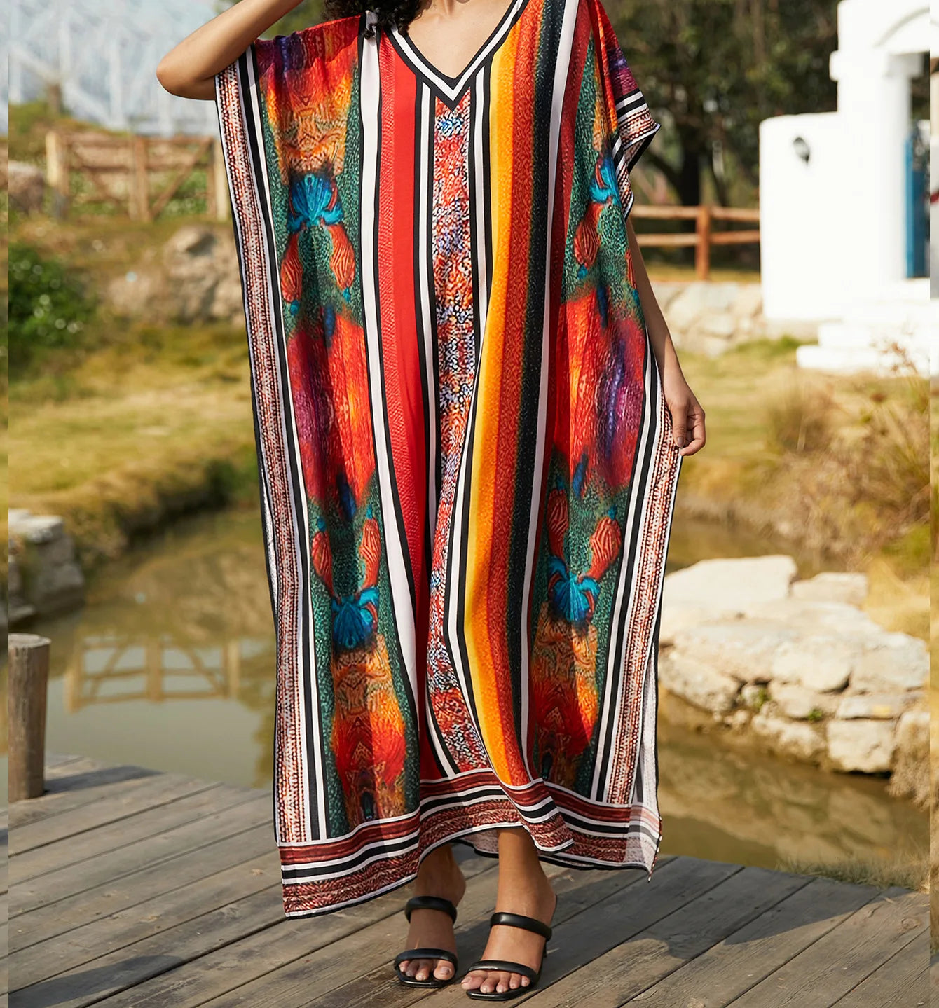 Maxy Women Beach Color Colorful Printed Long Dress Fashion Swimwear Summer Holiday Bohemian Maxy Dresses Bathing Suits