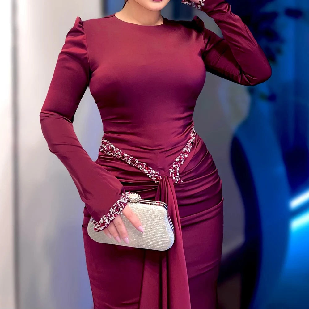Maxy Customized A-line Evening Dresses Floor-length O-neck Full Sleeve Prom Gown Fashion Crystal Simple Draped Casual Party Gown