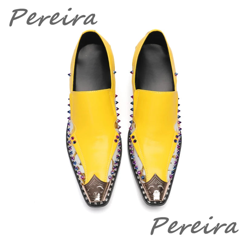 Maxy Colorful Rhinestone Yellow Purple Mixed Colors Leather Shoes for Men Metal Pointed Toe 4.5Cm Heel Loafers Business Dress Shoes